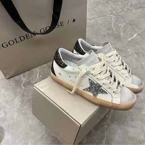 Golden Goose Women's White and Black Glitter Sneakers